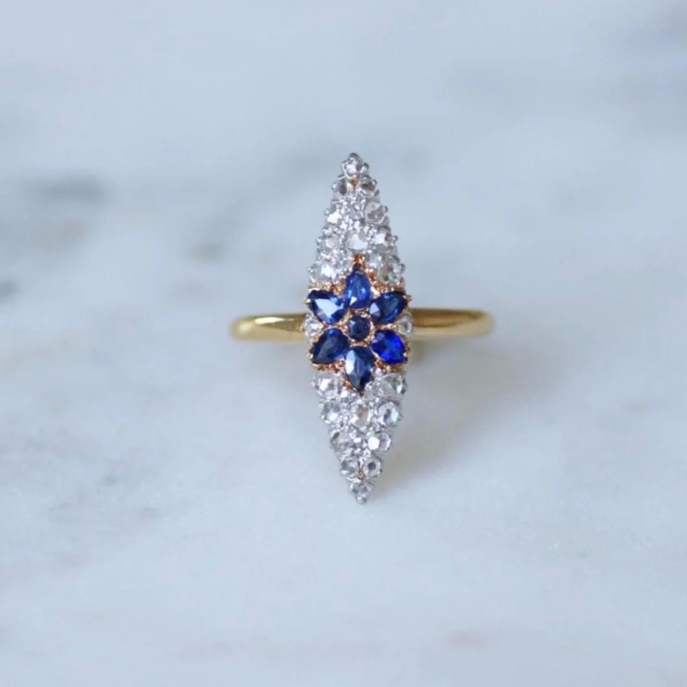 French Antique Diamond and Sapphires Marquis Flower Ring - Picture 4 of 6